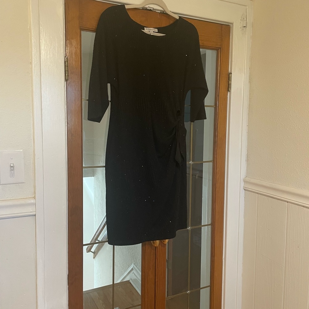 Robbie Bee | Black 3/4 Sleeve Glitter Faux Wrap Dress | M - Picture 4 of 9